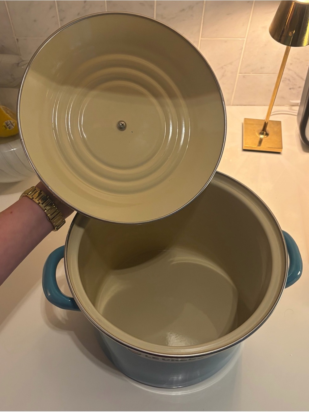Le Creuset Enamel-on-Steel Covered Stockpot, 10-Quart in Caribbean Blue - Picture 3 of 7